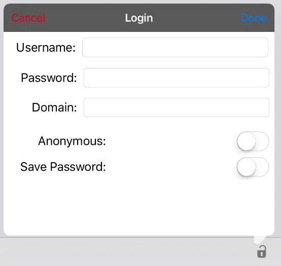 Picture showing login fields in a pre-configured Client on Apple devices.